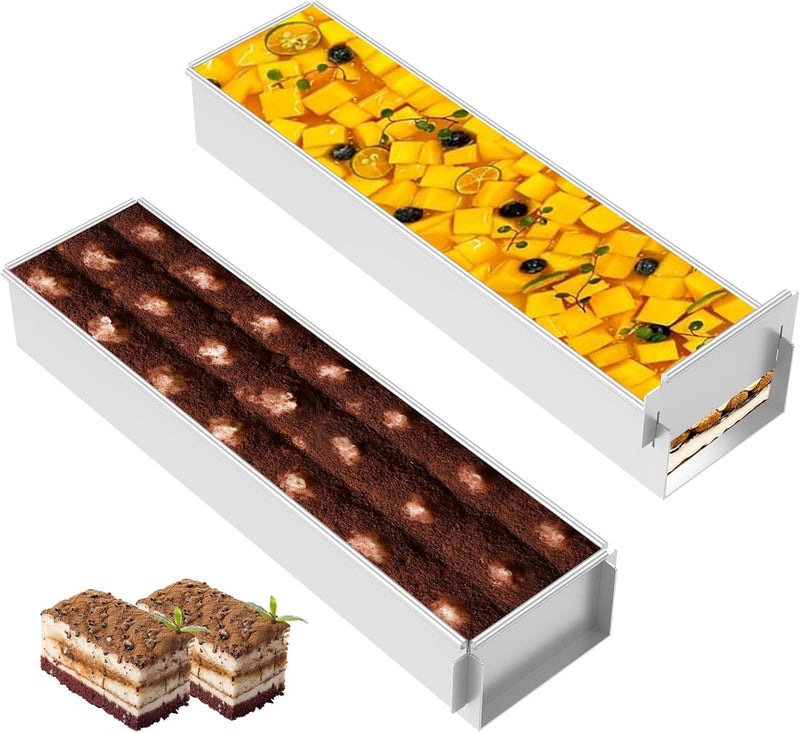 TMWEFUSC 2 Pack Tiramisu Pan, Rectangle Cake Mold with Removable Frame,NonstickTiramisu Cake Pan Size 16.4 * 3.9 * 2.3 inch for Tiramisu, Cheesecake, Mousse,Lasagna, Cold Desserts - Image 1